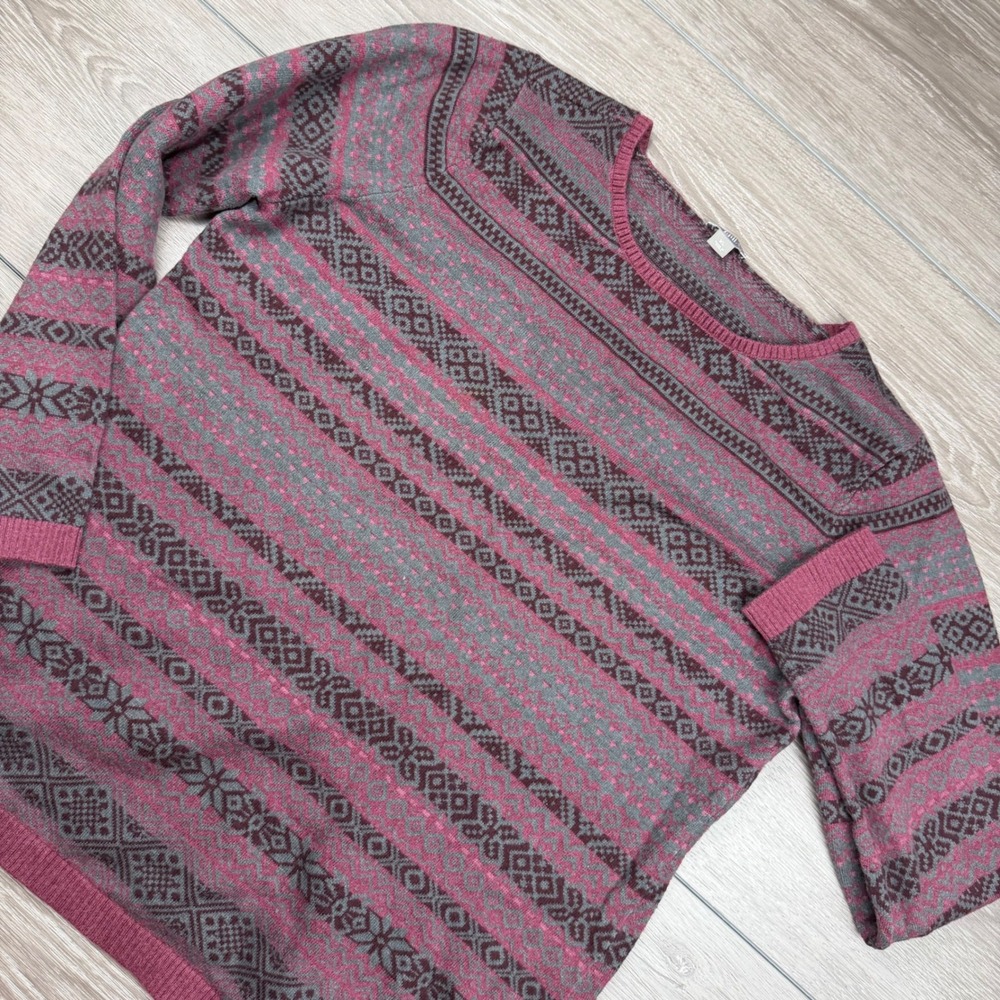 J. Jill Womens Sweater Fair Isle Knit Pullover Red‎ Pink Grey XL